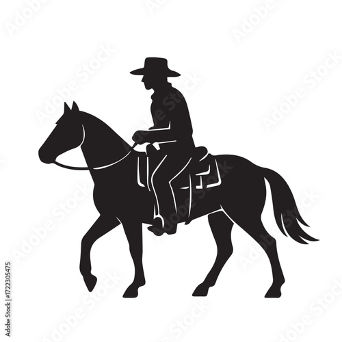 Black and white minimalist vector illustrates a cowboy sheriff on horseback, outlined strongly in black, capturing western spirit perfect for themes, art, and storytelling.