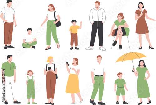 Diverse people illustration, casual lifestyle, urban fashion, social interaction, family moment, modern outfit, everyday pose, multicultural group, character design, vector art