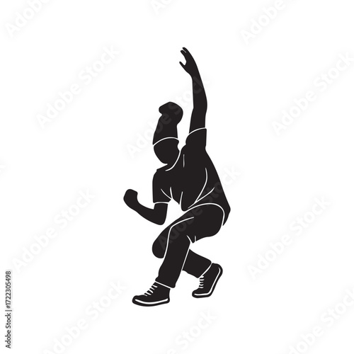 A minimalist black and white vector depicts a male breakdancer silhouette, highlighted by strong black outline, showcasing rhythm, motion, power, and expressive street culture.