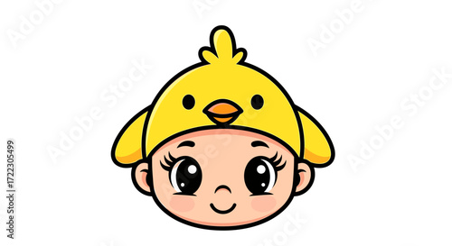 Cute cartoon baby girl face wearing a yellow chick hat for Easter. Kawaii character vector illustration isolated on a white background.