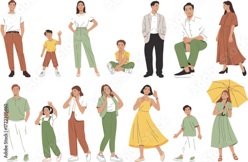 Diverse people illustration, family group, casual fashion, multicultural characters, lifestyle poses, walking, sitting, umbrella, children, adults, social interaction, community vibe