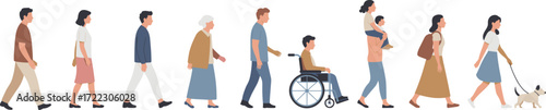 Diverse people walking, inclusive community, urban lifestyle, social interaction, multigenerational group, wheelchair accessibility, everyday life, multicultural society, street scene, harmony