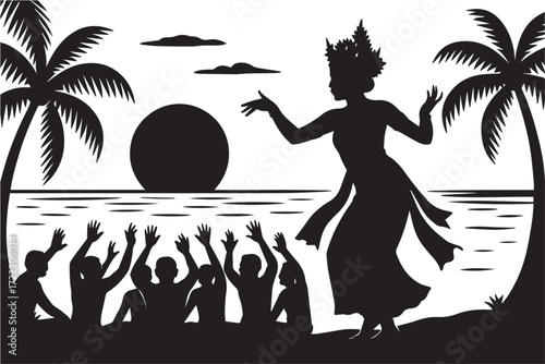 Vector silhouette artwork of several kecak dancers performing at the beach, dramatic sunset background in Bali Indonesia, black and white with bold black outline.