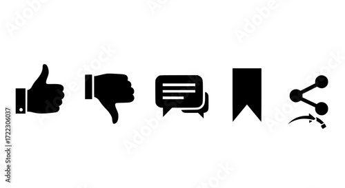 Illustration of collection of five social media icons thumbs up, thumbs down, speech bubble, bookmark, and share symbol, isolated on white background