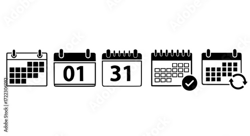 Illustration of set of five calendar icons representing different dates and concepts like planning, deadlines, and scheduling, isolated on white background