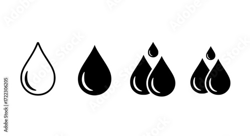 Illustration of set of water drop icons, showing different sizes and fill levels, isolated on white background