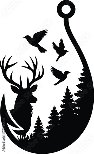 Fishing hook silhouette, deer in forest, wildlife illustration, outdoor nature art, hunting scene, pine trees, birds, rustic adventure design
