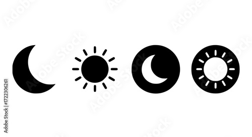 Illustration of set of four black icons representing day and night cycles, isolated on white background