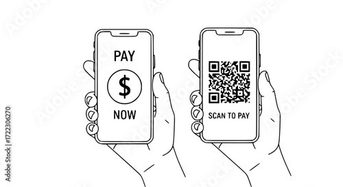 Illustration of two hands holding smartphones displaying payment options, one with pay now and the other with a qr code for scanning to pay, isolated on white background