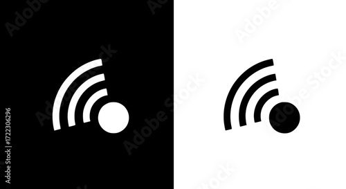 Illustration of a simple black and white graphic representing a wifi signal with a dot, shown on both black and white backgrounds