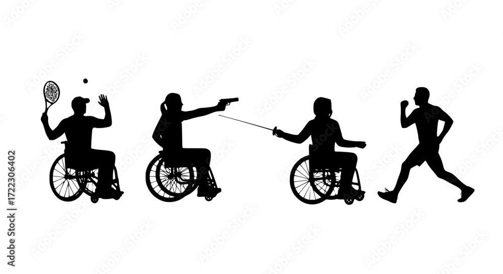 Obraz premium Illustration of silhouettes of athletes with disabilities participating in various sports, isolated on white background