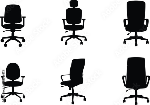 Office chair silhouette set, ergonomic design icons, black furniture collection, modern seating, workplace comfort, interior decor, vector illustration, isolated