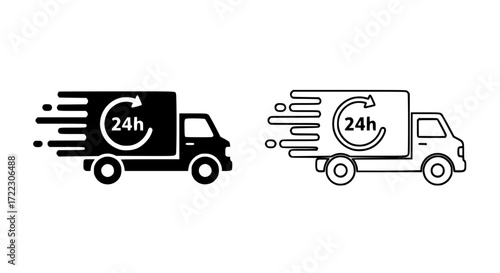 Illustration of two icons of a delivery truck with 24h symbol, representing fast delivery service, isolated on white background