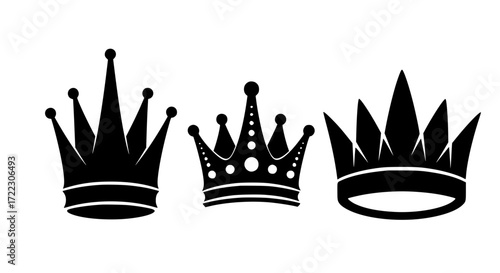 Illustration of three black crowns isolated on white background, symbolizing royalty, power, and leadership