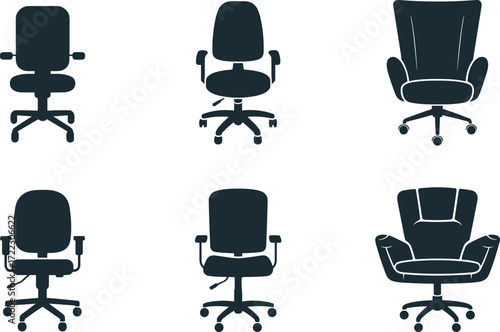 Office chair silhouettes, ergonomic seating icons, black vector furniture set, modern workplace design, rolling chairs, interior decor elements, mobility concept