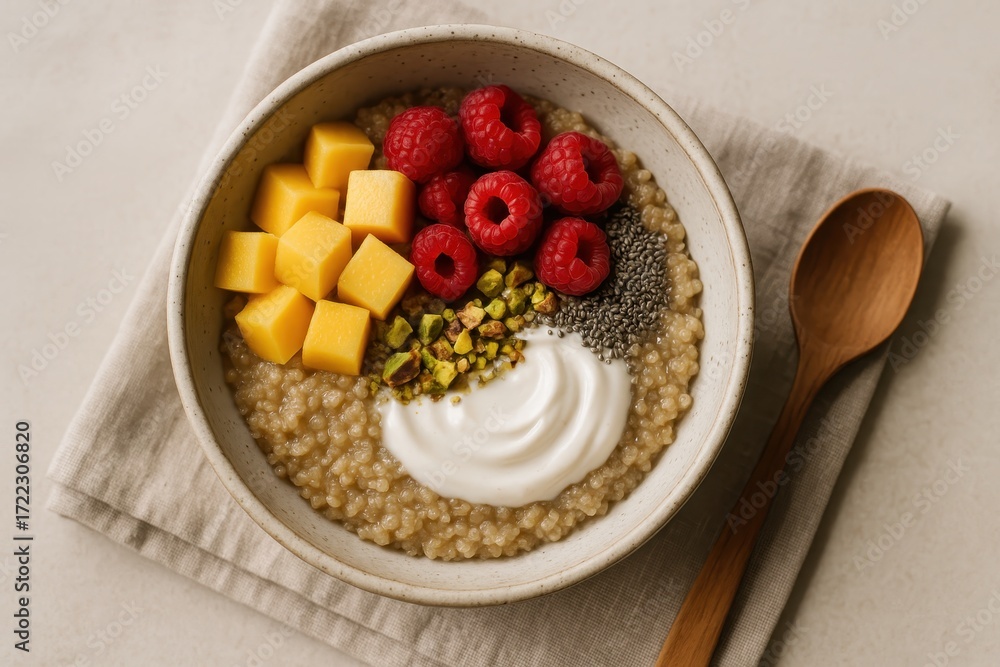 Fototapeta premium Warm quinoa breakfast bowl with mango raspberries pistachios and coconut yogurt top down on linen soft daylight wholesome clean eating concept