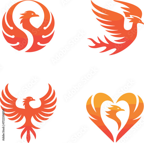 Phoenix logo design, fiery bird emblem, red orange gradient, rebirth symbol, flame wings, vector icon, branding, passion, transformation, mythology