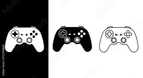 Illustration of three video game controllers, one white on black, one black on white, and one white outline on white background