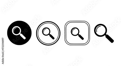 Illustration of set of four magnifying glass icons in different styles, isolated on a white background