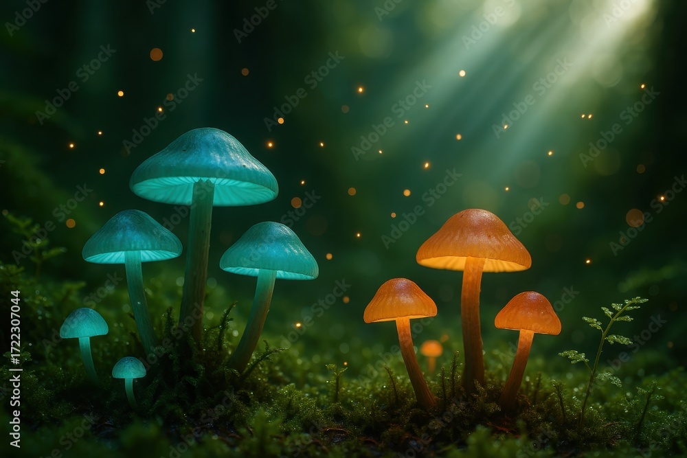 Fototapeta premium Mystical woodland floor with bioluminescent mushrooms sparkling spores and dew kissed moss dreamy macro scene with soft bokeh and ethereal glow
