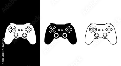 Illustration of three video game controllers in black and white, one on a black background, two on a white background