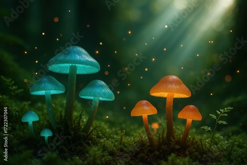 Wallpaper Mural Mystical woodland floor with bioluminescent mushrooms sparkling spores and dew kissed moss dreamy macro scene with soft bokeh and ethereal glow Torontodigital.ca