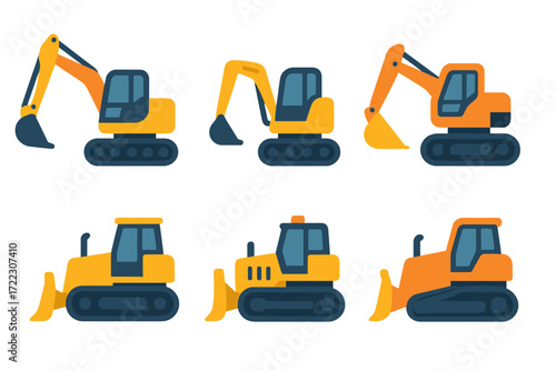 Construction vehicles flat icon set. featuring excavator, bulldozer, and loader symbols