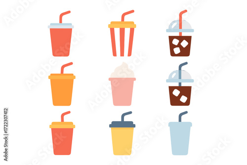 Beverage silhouette icon set. featuring cups, straws, soda, milkshake, juice, iced drink, and bubble tea designs