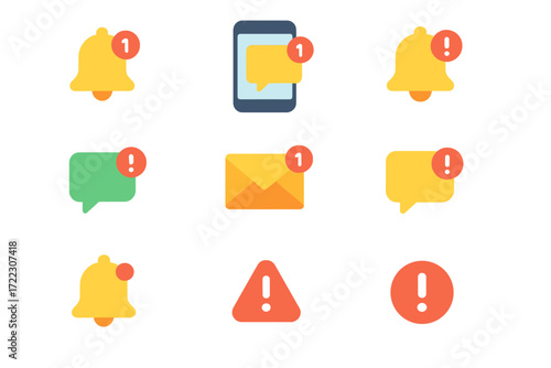 Notification and alert flat icon set. featuring bell, message, email, exclamation, and smartphone symbols