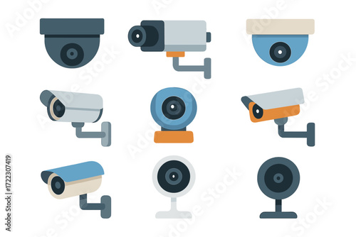 Security camera flat icon set. featuring cctv, dome, bullet, wireless, and surveillance symbols
