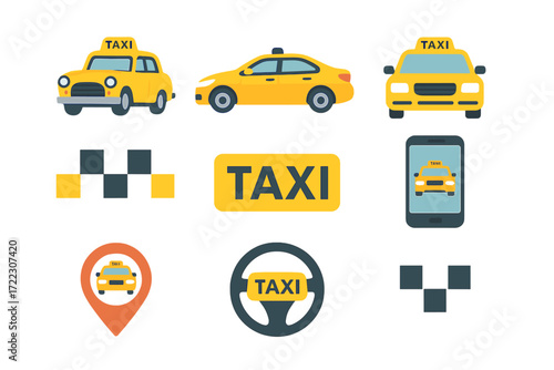 Taxi service flat icon set. featuring car, map marker, steering wheel, mobile app, and taxi sign