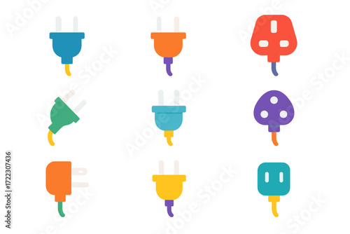 Electric plug flat icon set. featuring diverse power plugs, sockets, and adapters in vibrant colors