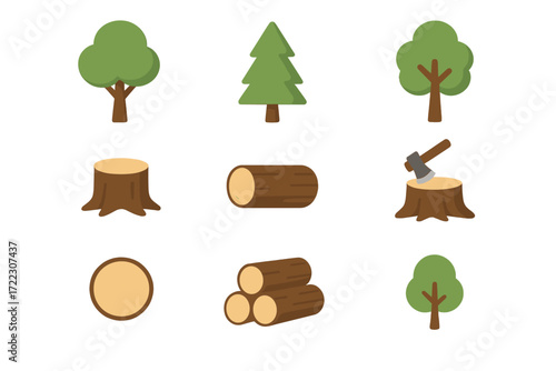 Forestry and lumber flat icon set. featuring trees, stump, wood, axe, and logs symbols
