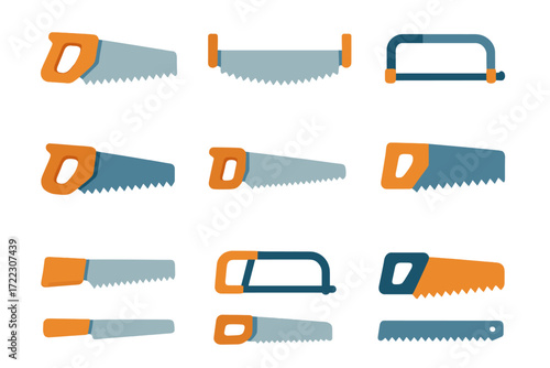 Construction tools flat icon set. featuring hacksaw, handsaw, crosscut, coping saw, and pruning saw symbols