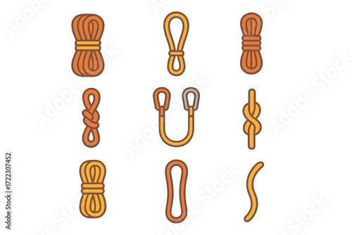 Rock climbing equipment linear icon set. featuring rope, carabiner, knot, and harness symbols