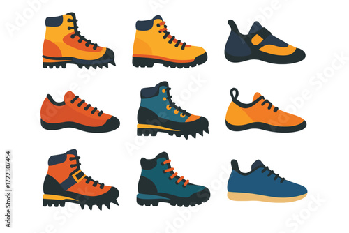 Footwear silhouette icon set. featuring hiking boots, sneakers, climbing shoes, and trail runners