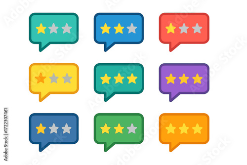 Rating flat icon set. featuring five-star, four-star, three-star, two-star, and one-star chat bubbles