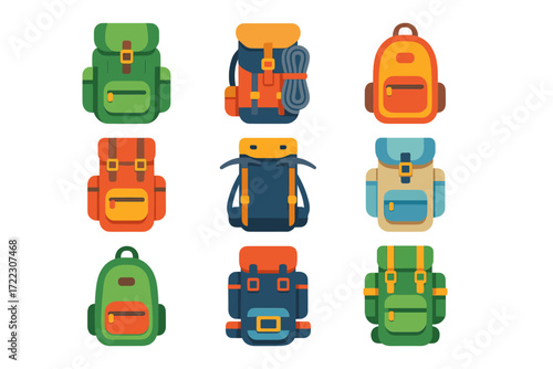 Camping gear flat icon set. featuring backpack, rucksack, travel bag, mountaineering pack, hiking bag