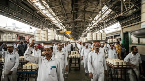 A group of dabbawalas in Mumbai walking through a train station carrying tiffin lunch boxes on their heads for delivery