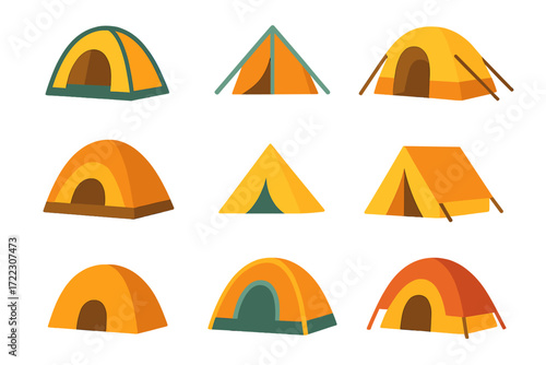 Camping silhouette icons set. featuring tent, shelter, dome, and outdoor camp symbols