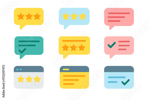 Review and rating flat icon set. featuring chat bubbles, star ratings, and check marks