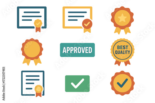 Certification and quality badges flat icon set. featuring certificate, approval, check mark, award, and best quality symbols