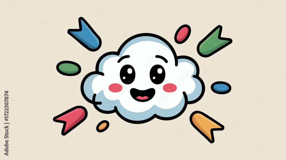 Naklejka premium Cute cartoon cloud with happy expression, surrounded by colorful shapes.