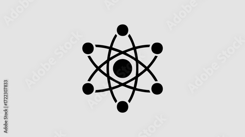 A minimalist black icon of an atom with a central nucleus and orbiting electrons, symbolizing science and physics on a light gray background.