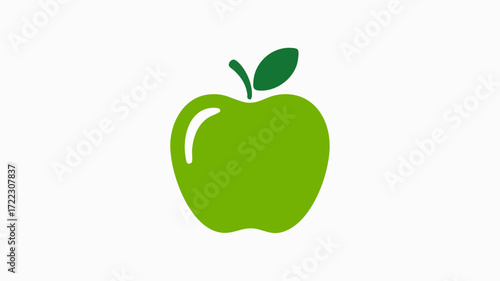 A simple, stylized illustration of a bright green apple with a stem and a single leaf, set against a plain white background.
