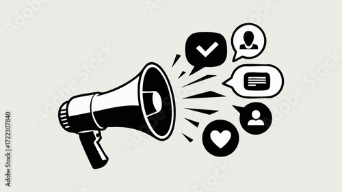 Black and white illustration of a megaphone broadcasting various social media and communication icons, symbolizing digital marketing and public announcement.