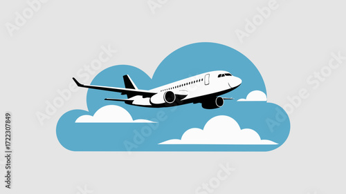 Illustration of a passenger airplane flying through the clouds.