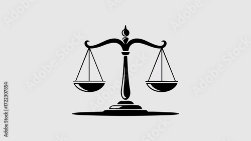 A black and white illustration of a balanced scale of justice, symbolizing law, fairness, and equality.