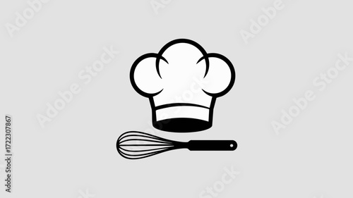Black and white illustration of a chef's hat and a whisk on a gray background.