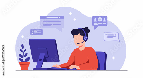 An illustration of a customer service representative wearing a headset and working on a computer at a desk with floating chat bubbles.